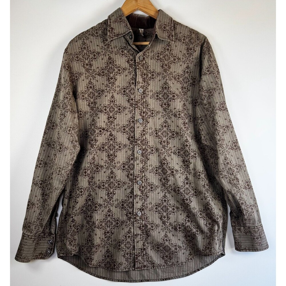 Vintage 90s Transcript Mens Shirt Brown Baroque Damask Long‎ Sleeve Button Up